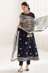 JAZMIN - 3PC DHANAK EMBROIDERED SHIRT WITH TWILL PRINTED SHAWL AND TROUSER - HZG2384